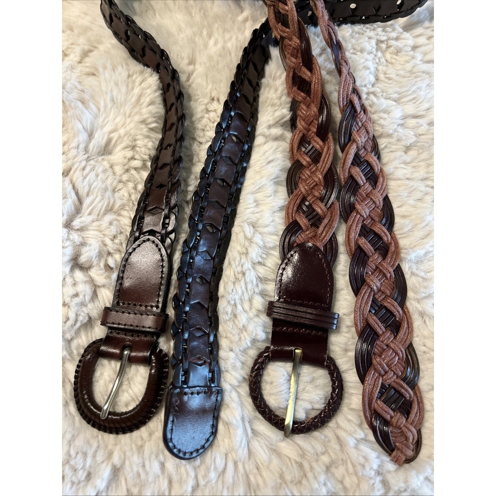 Womens Genuine Leather Brown Belts Lot Of 2 Size M-L Braided Reticulated